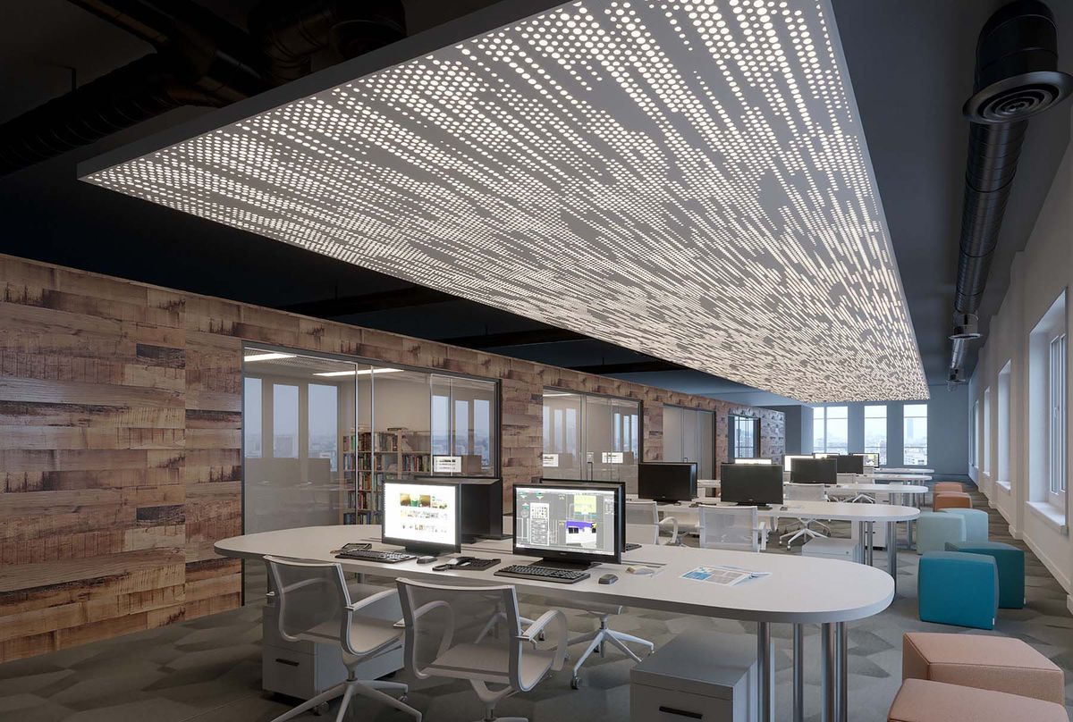 Custom perforation pattern on backlit aluminum wall panels